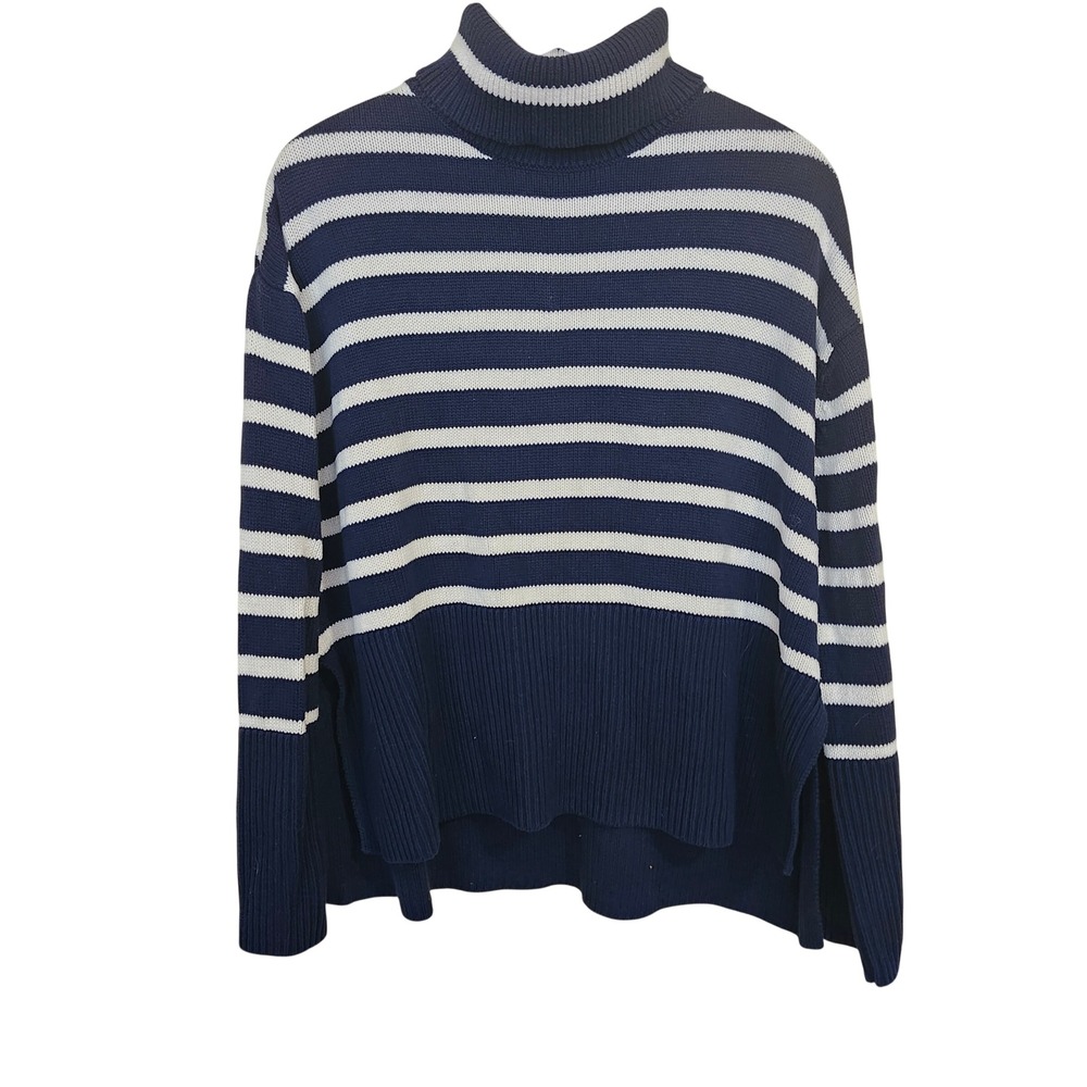 GAP Turtleneck Pullover Women XL Navy White Striped Cotton Sweater Split Hem